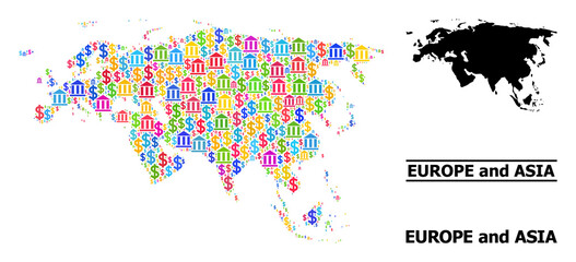Vibrant banking and dollar mosaic and solid map of Europe and Asia. Map of Europe and Asia vector mosaic for promotion campaigns and promotion.
