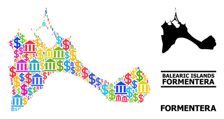 Colored bank and economics mosaic and solid map of Formentera Island. Map of Formentera Island vector mosaic for geographic campaigns and propaganda.