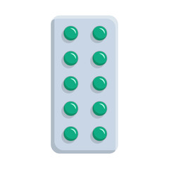 Pack of green pills in a blister. Isolated vector illustration on white background. Cartoon flat style.