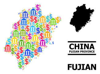 Vibrant bank and dollar mosaic and solid map of Fujian Province. Map of Fujian Province vector mosaic for advertisement campaigns and propaganda.