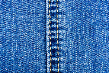 clothing items blue stonewashed faded jeans cotton fabric texture with seams, clasps, buttons and...