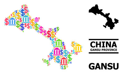 Bright colored bank and commercial mosaic and solid map of Gansu Province. Map of Gansu Province vector mosaic for business campaigns and applications.