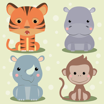 Set of cute vector cartoon wild animals with a tiger hippo rhino and monkey suitable for kids illustrations