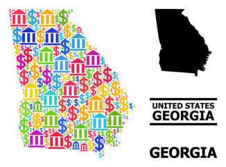 Colored bank and economics mosaic and solid map of Georgia State. Map of Georgia State vector mosaic for GDP campaigns and doctrines.
