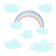 Rainbow and clouds in cartoon style. Cute block with curls and multicolored rainbow. Vector illustration EPS10.