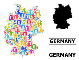 Colorful bank and business mosaic and solid map of Germany. Map of Germany vector mosaic for business campaigns and agitation. Map of Germany is designed with vibrant bank and dollar parts.