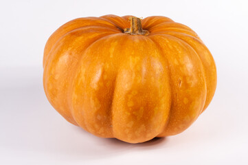 Fototapeta premium Whole fresh orange big pumpkin on white background, closeup. Organic agricultural product, ingredients for cooking, healthy food vegan.