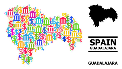 Colored bank and commercial mosaic and solid map of Guadalajara Province. Map of Guadalajara Province vector mosaic for promotion campaigns and purposes.
