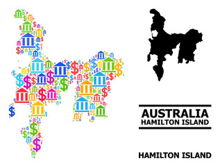 Colored bank and dollar mosaic and solid map of Hamilton Island. Map of Hamilton Island vector mosaic for promotion campaigns and applications.