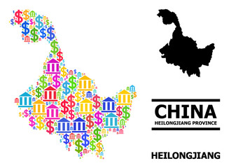 Bright colored bank and dollar mosaic and solid map of Heilongjiang Province. Map of Heilongjiang Province vector mosaic for advertisement campaigns and doctrines.
