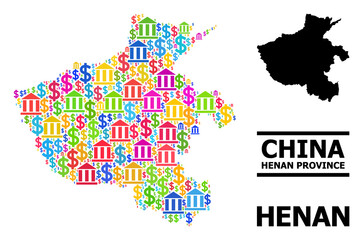 Bright colored bank and dollar mosaic and solid map of Henan Province. Map of Henan Province vector mosaic for geographic campaigns and proclamations.