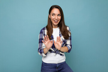 Portrait of young positive happy smiling attractive beautiful brunette woman with sincere emotions...