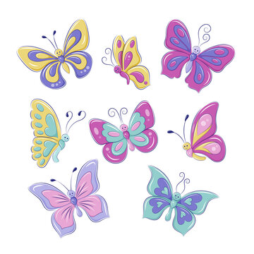 Set cute colorful butterflies in cartoon style. Illustrations for children. EPS10 vector graphics.