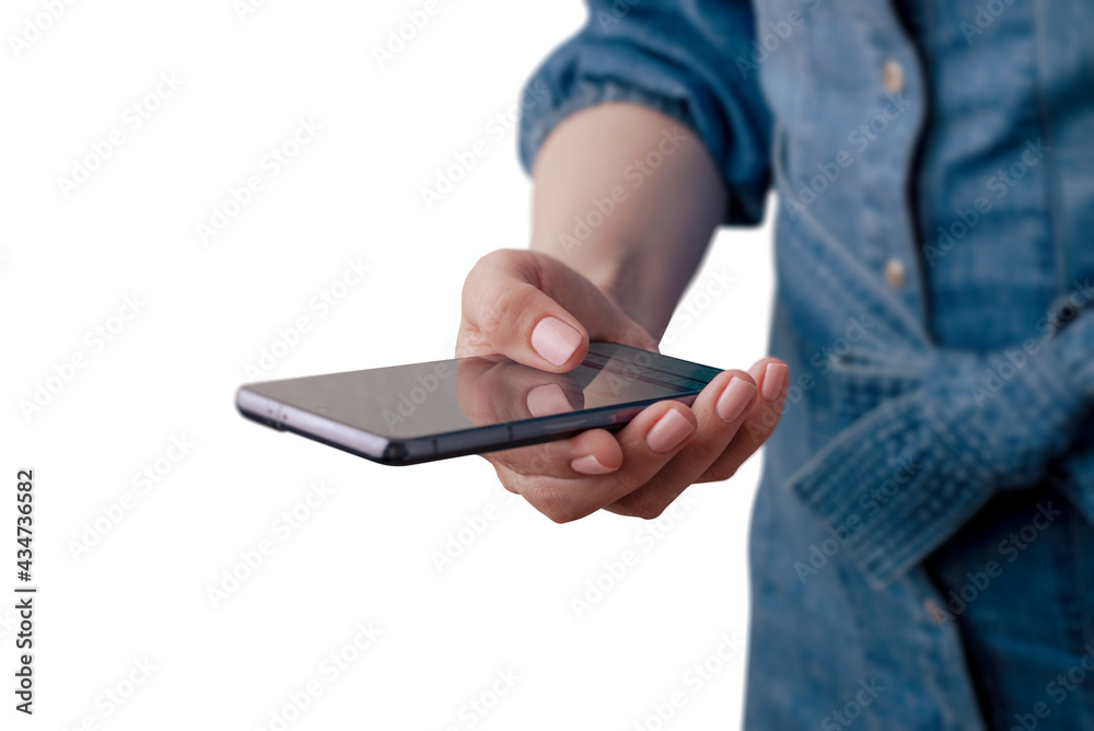 Poster woman use smart phone with isolated background. concept of using modern technology