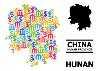 Fototapeta premium Colorful bank and dollar mosaic and solid map of Hunan Province. Map of Hunan Province vector mosaic for geographic campaigns and purposes.