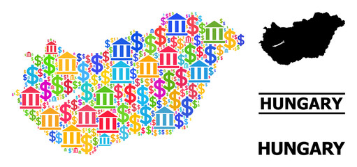 Obraz premium Vibrant bank and money mosaic and solid map of Hungary. Map of Hungary vector mosaic for GDP campaigns and proclamations. Map of Hungary is created from bright colored dollar and bank symbols.