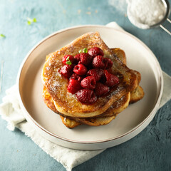 Traditional French toast with raspberry
