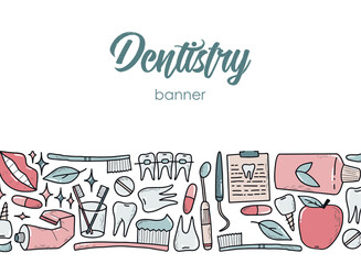 Stomatology banner decorated with horizontal border of hand drawn dentistry doodles with copy space. Good for posters, prints, cards, templates.