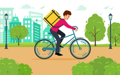 Concept delivery of goods and food. Courier rides Bicycle through the city Park.