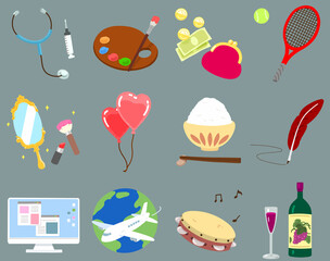 Set of adorable hand drawn profession tools and seasonal objects flat colored