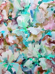 Abstract bright colored decorative background . Floral pattern handmade . Beautiful tender romantic bouquet of iris flowers , made in the technique of watercolors from nature.