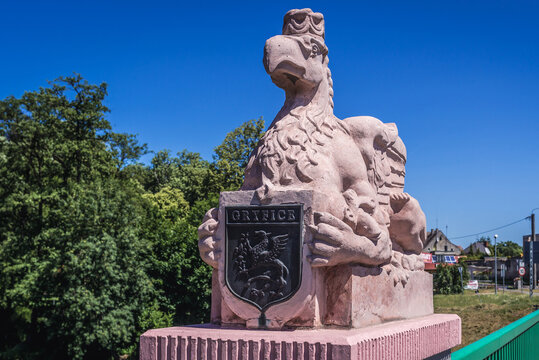Gryfice, Poland - June 29, 2019: Sculpture on a bridge over Rega River in Gryfice town, West Pomerania region