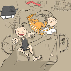 Obraz premium Man, woman and cat are sleeping and dreaming. Sweet dreams