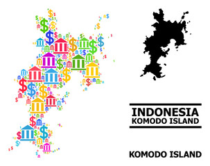 Colorful bank and dollar mosaic and solid map of Komodo Island. Map of Komodo Island vector mosaic for promotion campaigns and purposes.