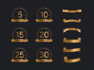 Anniversary Emblem Set With Golden Ribbon On Black Background.