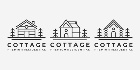 Set Bundle of Cabin Cottage Line Art Logo Vector Minimalist Illustration Design Lake River Ocean Wave Sunrise Forest Pine Tree