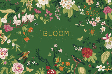 Greeting card. Bloom. Chinoiserie. Horizontal frame. Vintage floral illustration. Green - 434738905
