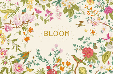 Greeting card. Bloom. Blooming tree. Horizontal frame. Vintage floral illustration - 434738920