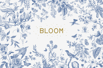 Greeting card. Bloom. Chinoiserie. Horizontal frame. Vintage floral illustration. Blue and white - obrazy, fototapety, plakaty