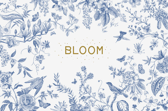 Naklejka Greeting card. Bloom. Chinoiserie. Horizontal frame. Vintage floral illustration. Blue and white