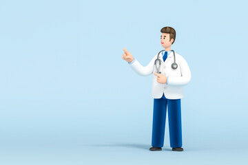 3d Doctor of medicine points up with his finger open space on blue background 3d rendering. 3d illustration Medical insurance template, hospital, medical healthcare concept.