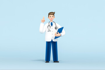 3d Doctor of medicine points up with his finger open space on blue background 3d rendering. 3d illustration Medical insurance template, hospital, medical healthcare concept.