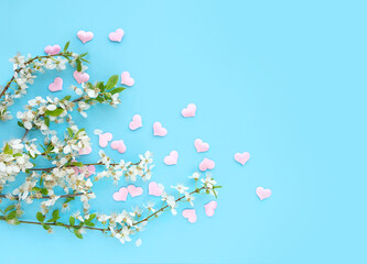 Cherry flowers and pink hearts on blue background. romantic concept, love symbol. minimal style. spring season. copy space. flat lay