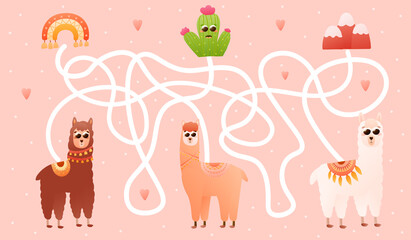 Labyritn game for kids with cute alpaca characters, help them find right way to cactus, peru elements, kids maze or puzzle for books or printable worksheets on pink background