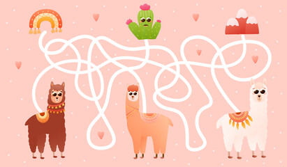 Labyritn game for kids with cute alpaca characters, help them find right way to cactus, peru elements, kids maze or puzzle for books or printable worksheets on pink background © Iryna Lozovytska