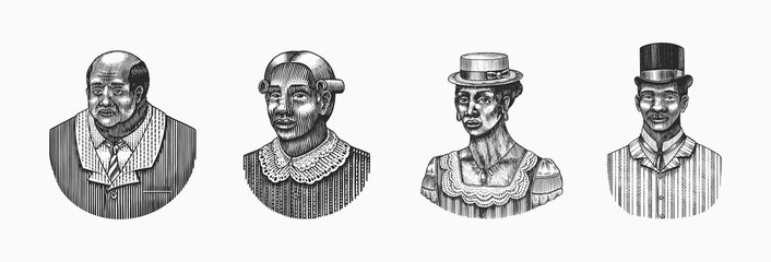 Elegant man. Male face. Afro american gentlemen. Victorian era. Fashion and clothes. Businessman in suit. Hand drawn Old sketch. Vintage engraved illustration. 
