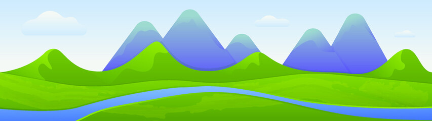 Beautiful panorama view of the natural green meadow with river and mountains. Vector illustration
