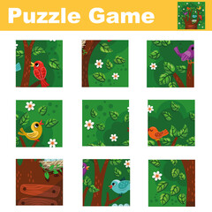 Puzzle for children featuring birds and a tree. Match pieces and complete the picture. Activity for preschool children. Vector illustration.
