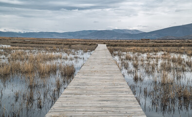Moody panorama view of a wooden foot bridge leading through marshes and lakes inside the Central Anatolian Sultan Reedy (Sultansazligi) National Park, Turkey