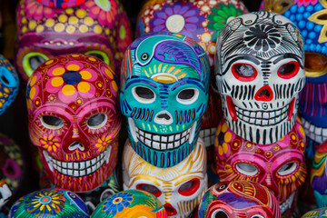 Colorful traditional Mexican pottery in a street market. Mexican souvenir - skull