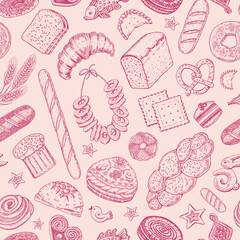 Bakery products shameless pattern. Donuts bagels, cookies and and baguette, pie and croissan. Engraved hand drawn in old sketch and vintage style for label and menu bakery shop. organic food.