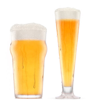 Set of fresh beer in different mugs with bubble froth isolated on white.