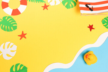 Beach paper Accessories On yellow sand background - Summer Holiday concept , copy space