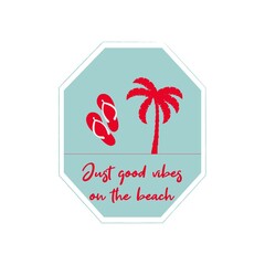 Illustration, vintage card stamp summer beach palms, just good vibes on the beach, summer time, summer poster	