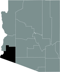 Black highlighted location map of the US Yuma county inside gray map of the Federal State of Arizona, USA