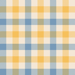 Vichy pattern seamless vector in blue, yellow, off white. Gingham check background striped graphic for tablecloth, oilcloth, towel, picnic blanket, other modern spring summer fashion fabric design.